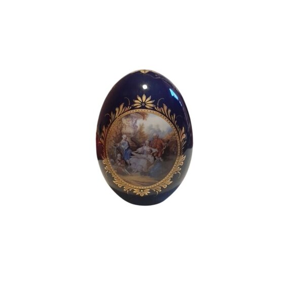 Limoges Porcelain Cobolt Decorative Egg With Gold Detailing Pastoral Scene - Picture 1 of 8